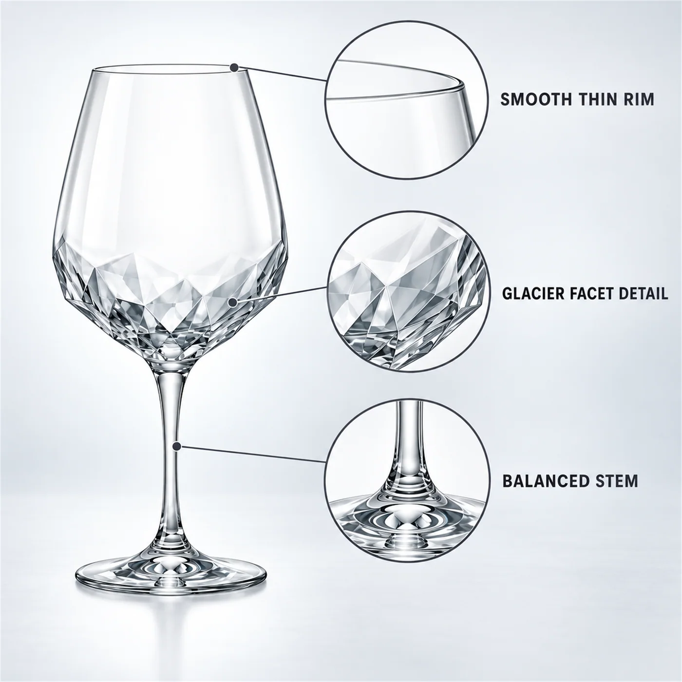 Glacier Facet red wine glass feature callouts